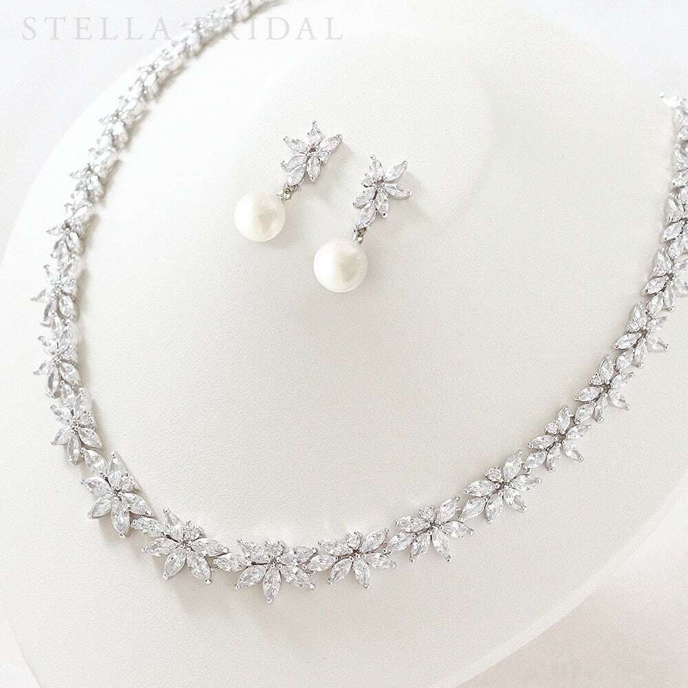 【OUTLET】キュービックジルコニア ウェディングジュエリーセット アカシア ドロップパール / ネックレス&ピアスorイヤリング