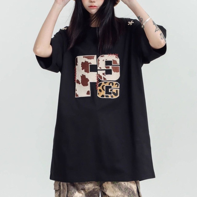 ロゴプリントモチーフハーフスリーブオーバーTシャツ 3col   R01955