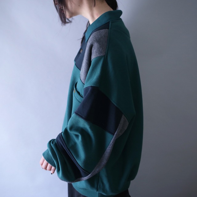 asymmetry switching design XXL over silhouette half-button sweat pullover