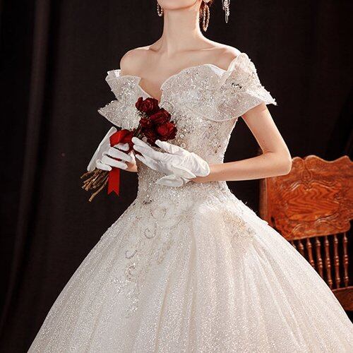 ウェディングドレス オフショルダー ロングドレス 挙式 白 花嫁ドレス スパンコ