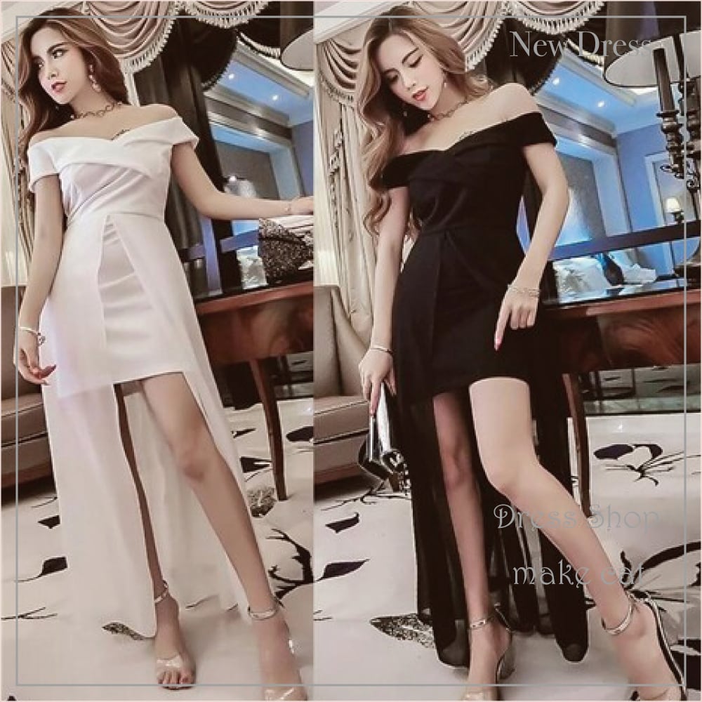 SALE【即納】sexy肩魅せstyle胸元クロスデザイン前ミニロングドレス