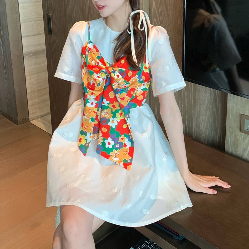 セット ラウンドネック半袖スリーブドレス スカート リボンフローラル ショート レッド ハーフスリーブ 花柄 Oネック ビッグFスモールZ韓国42636716130