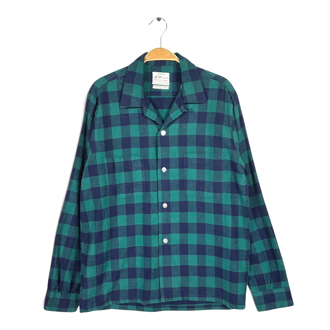 60s 70s MASTERWEAVES ヴィンテージ フランネルシャツ オープンカラー 開襟 紺緑 ブロックチェック サイズL相当 古着 CA1560