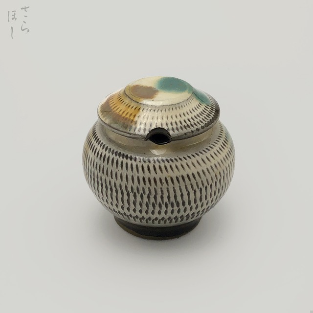 小鹿田焼 小袋窯 豆壺 飛びかんな 赤青 直径約6.3cm 薬味壺 陶器 和食器 民藝