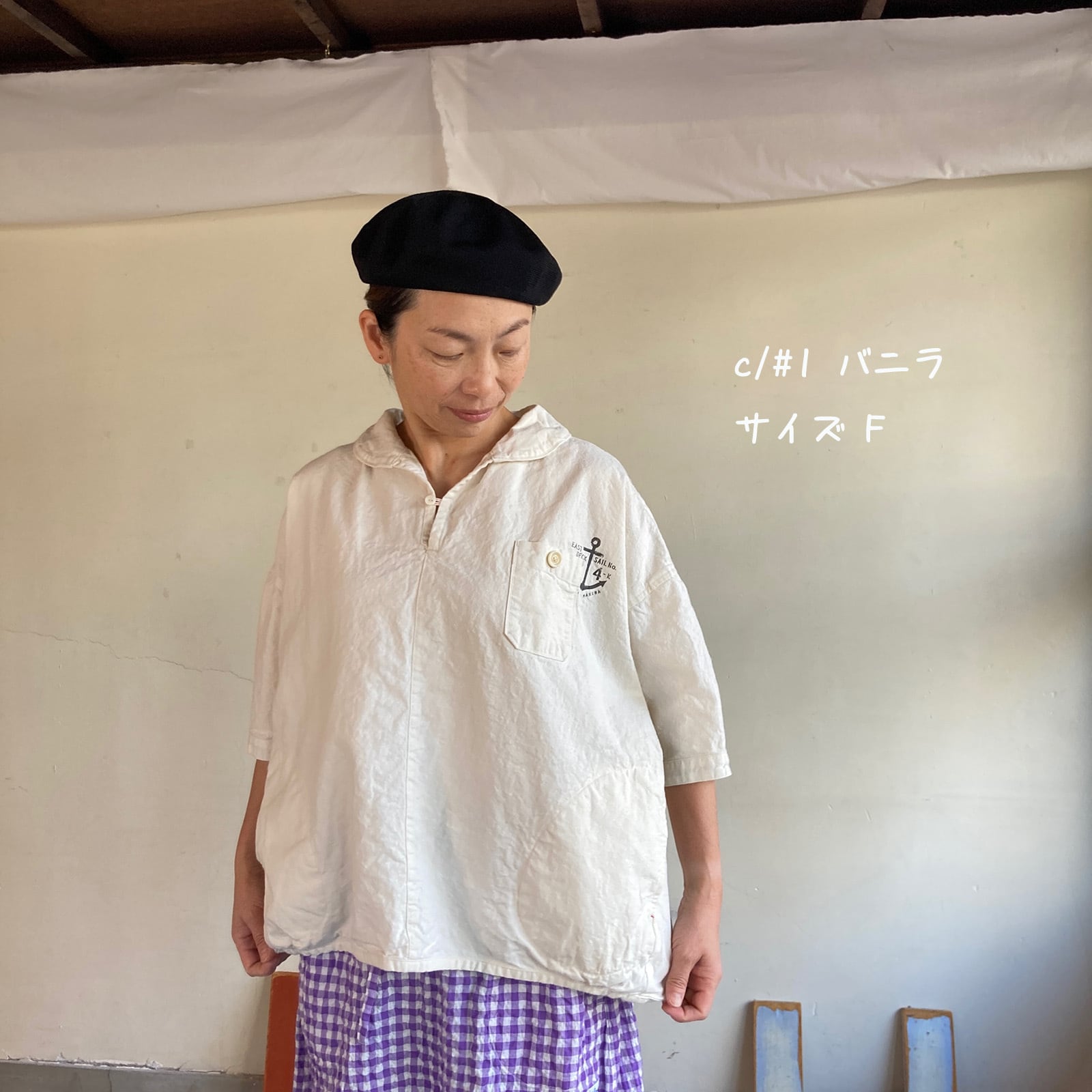 スキッパー六分袖シャツ Girl's マリンステンシルプリント 62S27