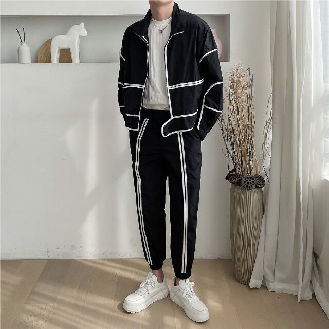 【予約販売】メンズ セットアップ 無地 スエット 上下 カジュアル ベーシック シック スリム 男前 ブラック ホワイト ジャケット パンツ セット セットアップ ジム 運動 ダンス スポーティー 部屋着 楽ちん 韓国 トレンド 大きいサイズ S/M/L/XL