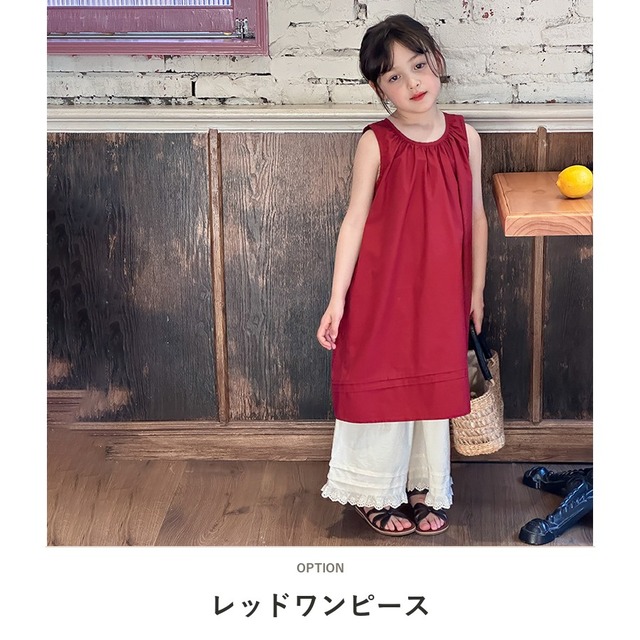【KID】レッドノースリーブギャザーワンピース - 2