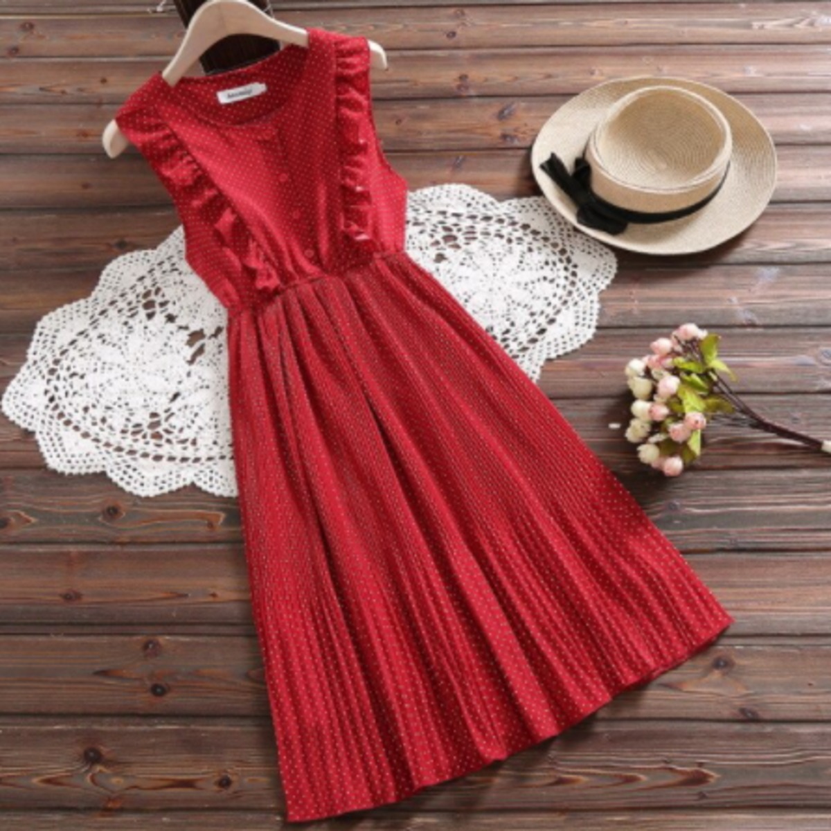 ヨーロッパ ヴィンテージ ハート 柄 ノースリーブ ミニ ワンピース レッド 赤 ヨーロッパ ヴィンテージ ハート 柄 ノースリーブ ミニ ワンピース