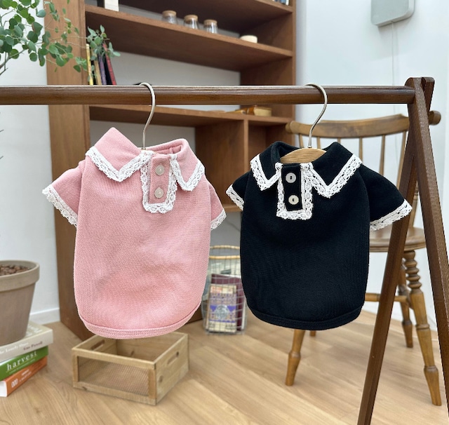 muse pk t-shirt S ~ XL 2color / 犬服 秋冬 新作 トップス シンプル 長袖 ドッグウェア 犬 服 小型犬 中型犬 襟付き tシャツ レース