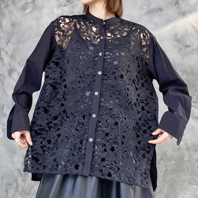 Band collar front lace blouse V2394