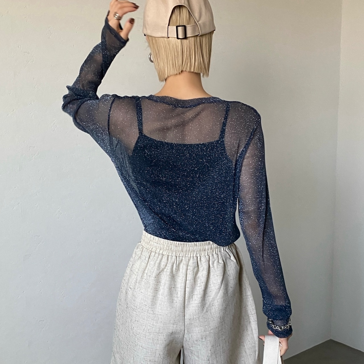 glitter sheer crewneck tops/blue