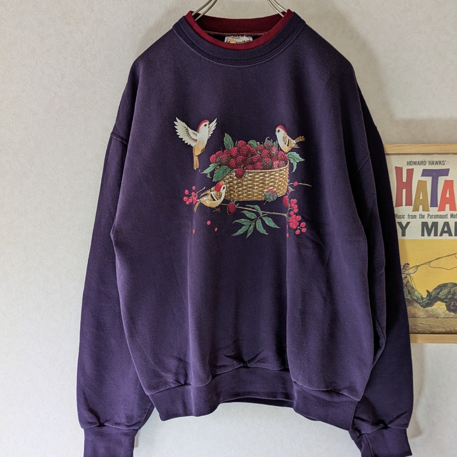 90s【Morning Sun】ビンテージスウェット 鳥とベリー 紫×エンジ サイズ