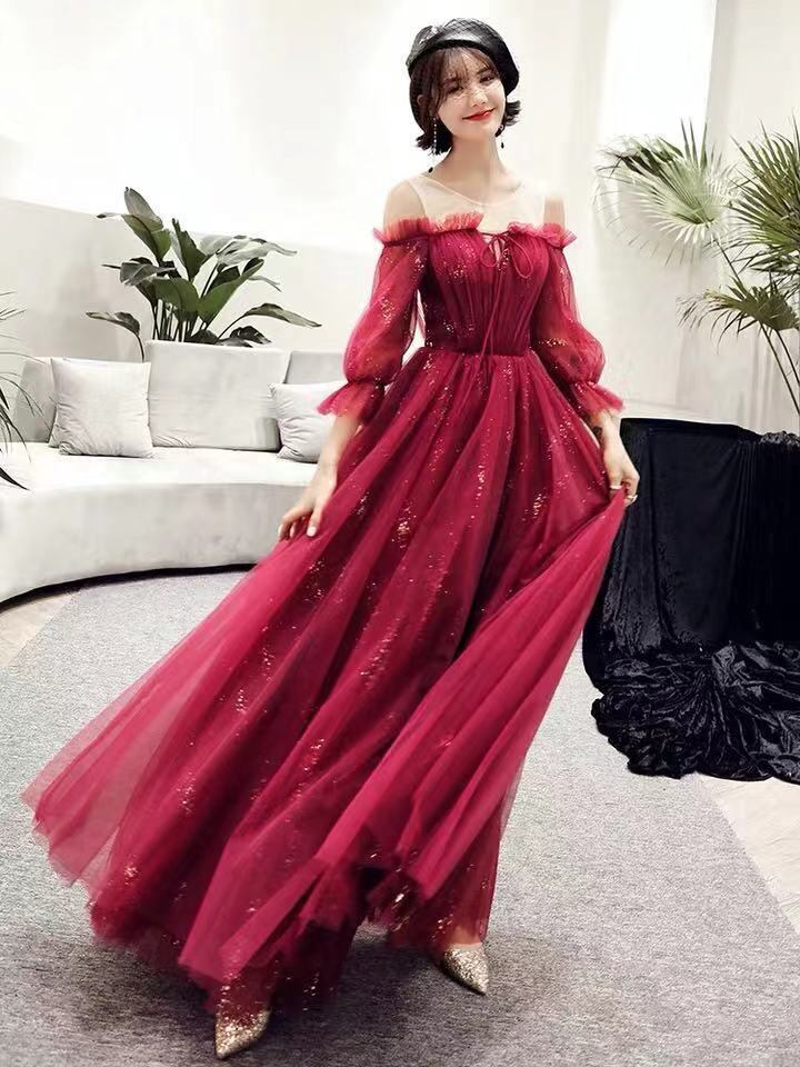 何でも揃う 豪華 パーティードレスワインレッドオフショルキラキラチュール憧れのドレス謝恩会結婚式 レース 糸 Oceanrepublicbrewing Com