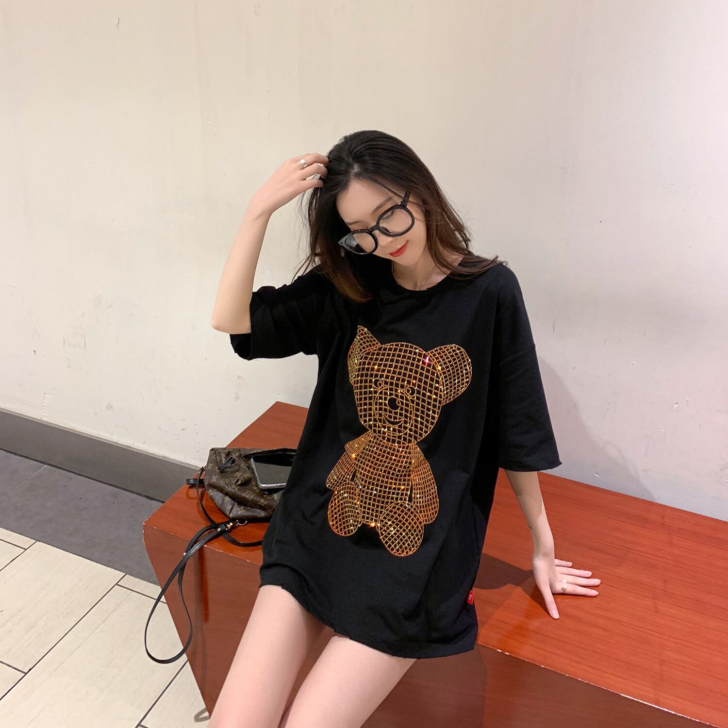 ルーズプリント柄Tシャツ レディーススプリングサマースタンダードスタイルブラックトップス レトロ 春物 夏物 6Du_Shop_Women38999758402