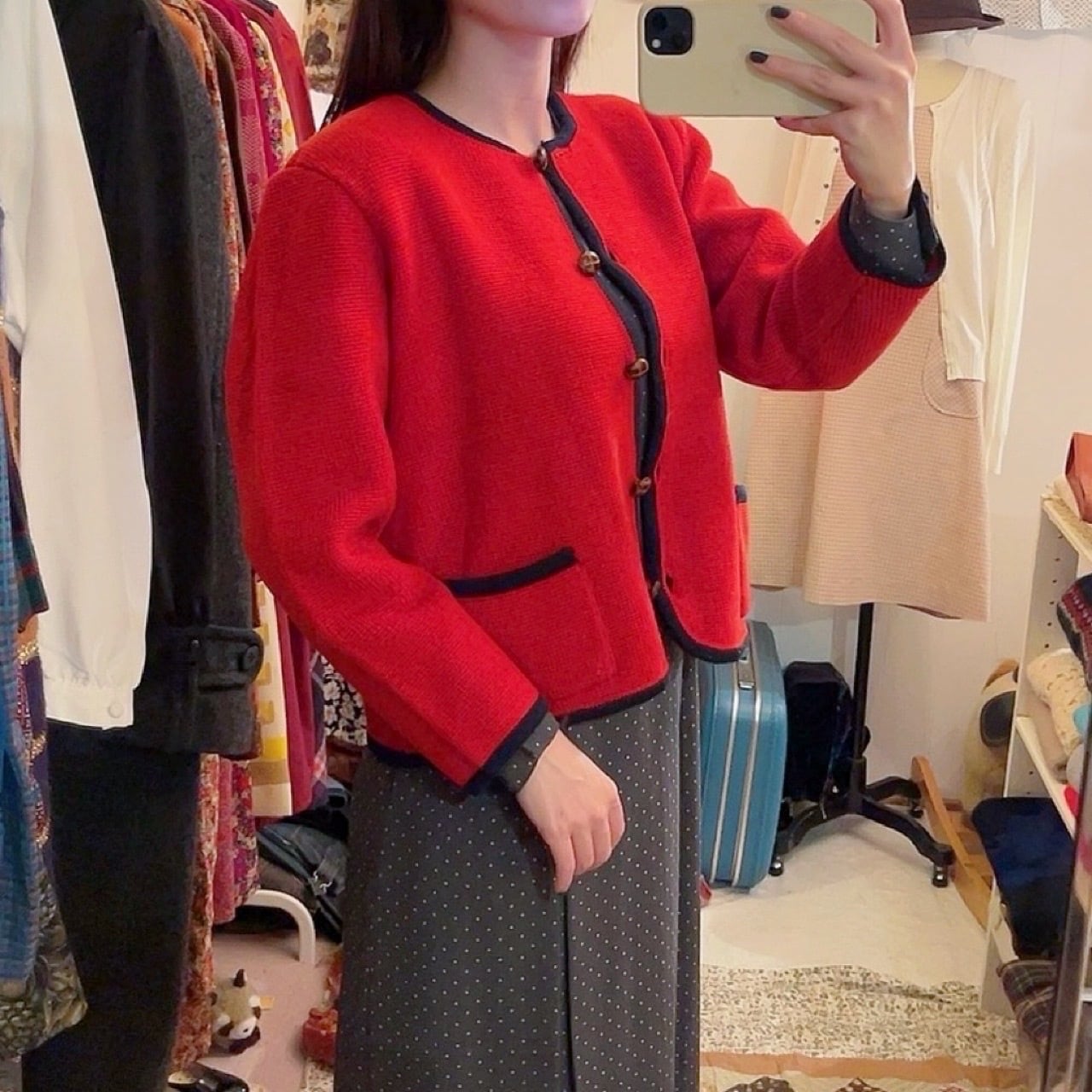 red × navy piping knit cardigan
