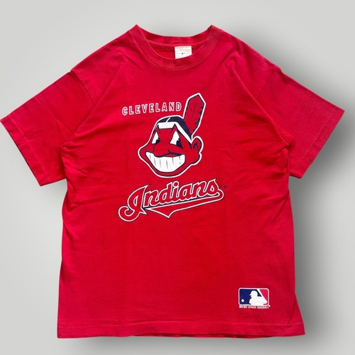 【USA製】90s MLB インディアンス 半袖Tシャツ Tee メンズ M〜L 赤/RED ワフー酋長 ロゴ プリント アメリカ製 VINTAGE 廃盤 希少
