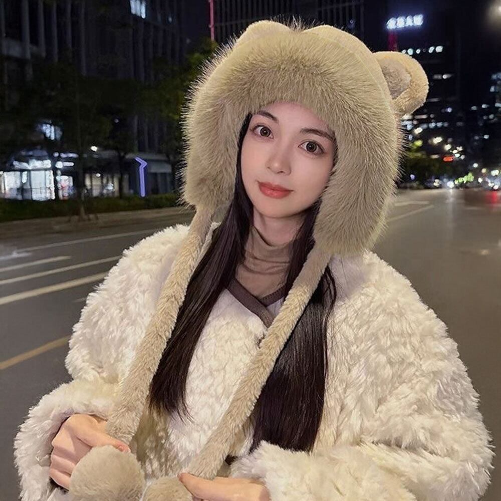 くま耳 ファー ハット レディース 韓国 帽子 防寒 保温 おしゃれ 大人 かわいい 暖かい 柔らかい 小顔 ふわふわ ポンポン付き 大人可愛い 大人女子