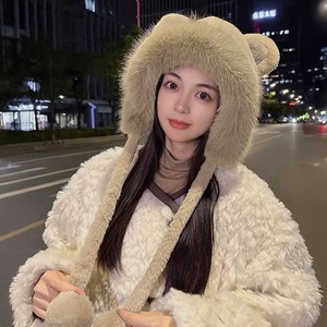 くま耳 ファー ハット レディース 韓国 帽子 防寒 保温 おしゃれ 大人 かわいい 暖かい 柔らかい 小顔 ふわふわ ポンポン付き 大人可愛い 大人女子