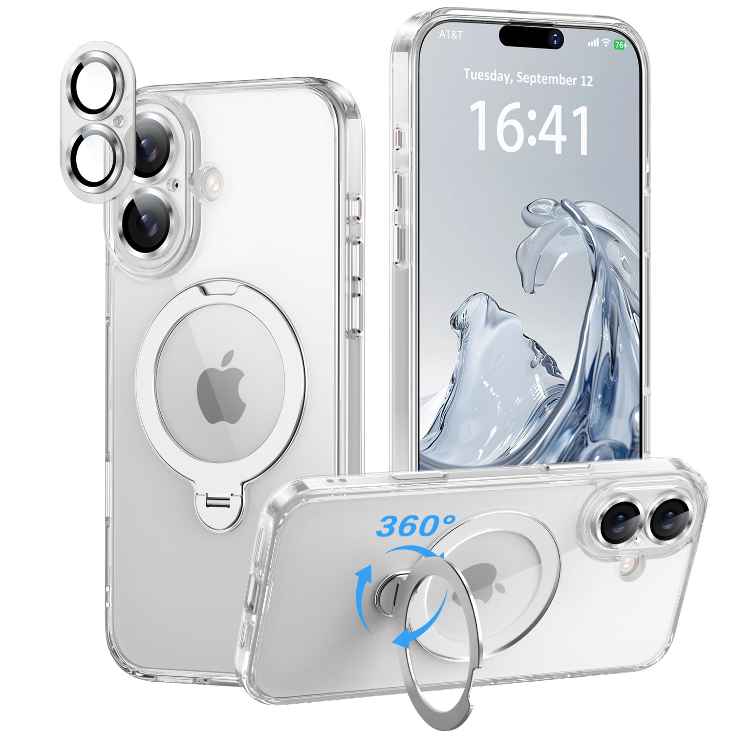 iPhone 16 用 ケース【極限の透明感と保護力】 4in1 カメラ保護一体/MagSafe対応/360度回転スタンド/ストラップホール穴付き 縦横両対応 黄ばみ防止 ワイヤレス充電対応 耐衝撃 カメラフィルム マグネット搭載車載ホルダー対応 マグセーフ対応 あいふおん16ケース (クリア, iPhone16)