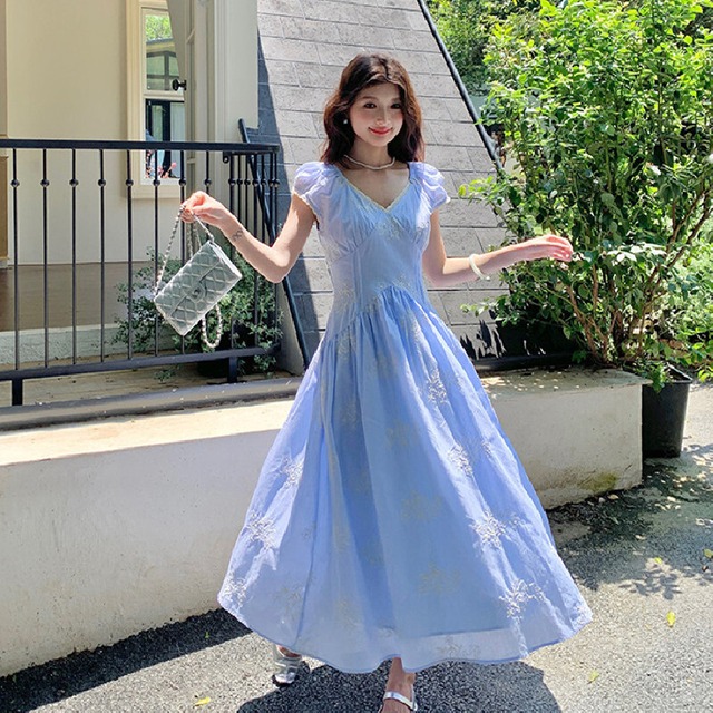 【Morning Gardenシリーズ】ワンピース Vネック 美人度アップ 文芸風 フレアワンピース ブルー S M L XL