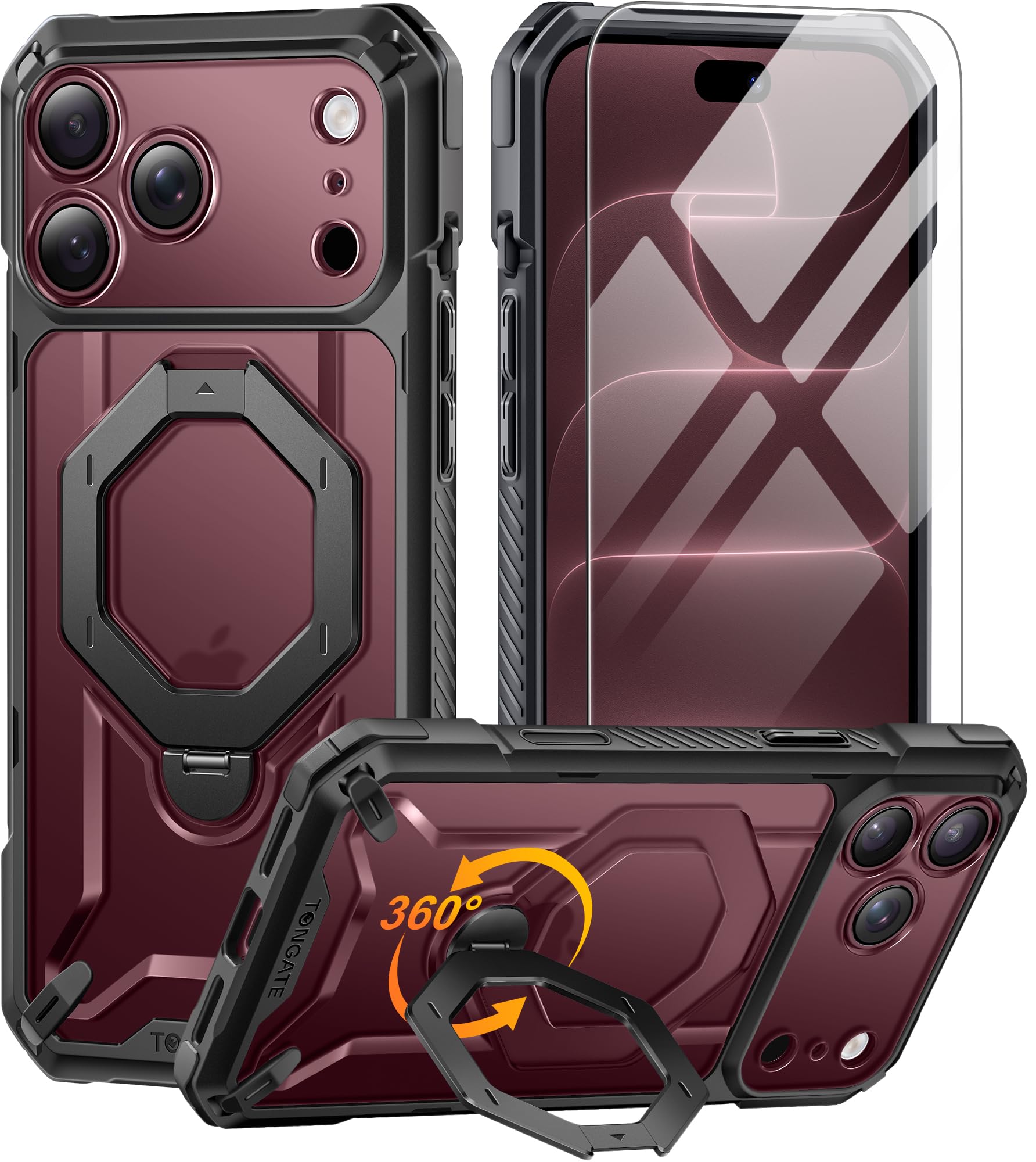 TONGATE for iPhone 18 Pro Max ケース/17 Pro Max ケース、360°スピンスタンド、ブラック
