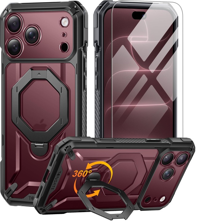 TONGATE for iPhone 18 Pro Max ケース/17 Pro Max ケース、360°スピンスタンド、ブラック