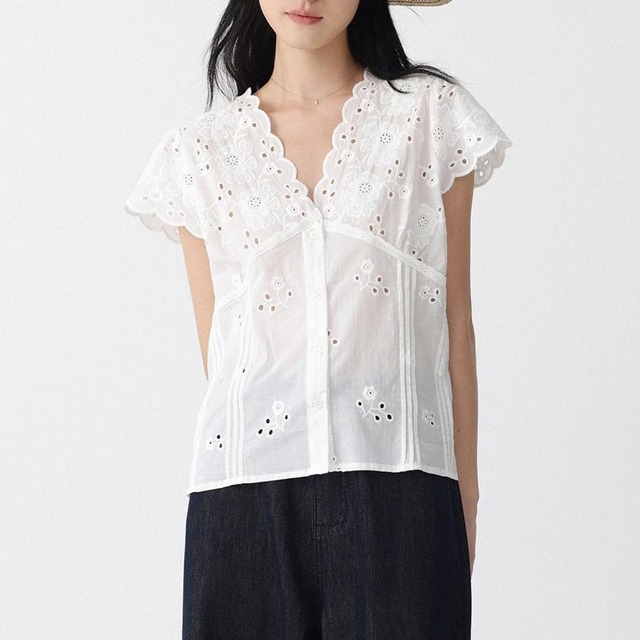 cutwork lace scalloped V-neck blouse
