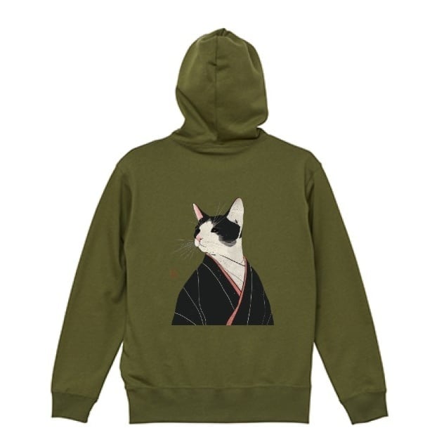 「凛と見返る黒白猫和装」プルオーバーパーカー/"Black and White Cat Looking Back with Dignity in Japanese Clothing" Pullover Hoodie