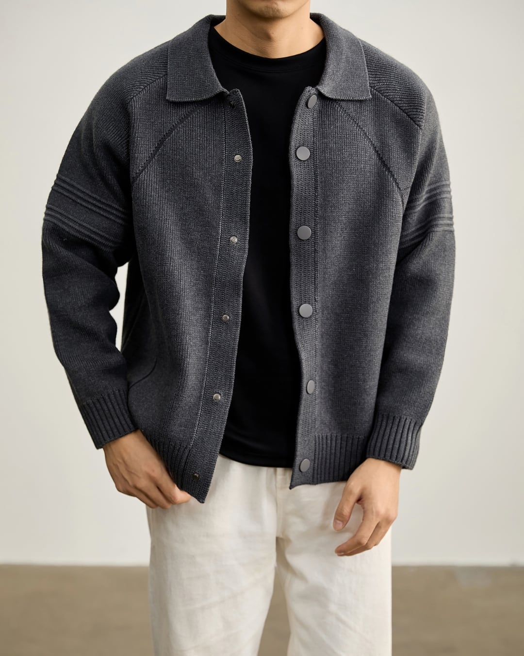 ボタンフロント 襟付きニットカーディガン 3色 A0004