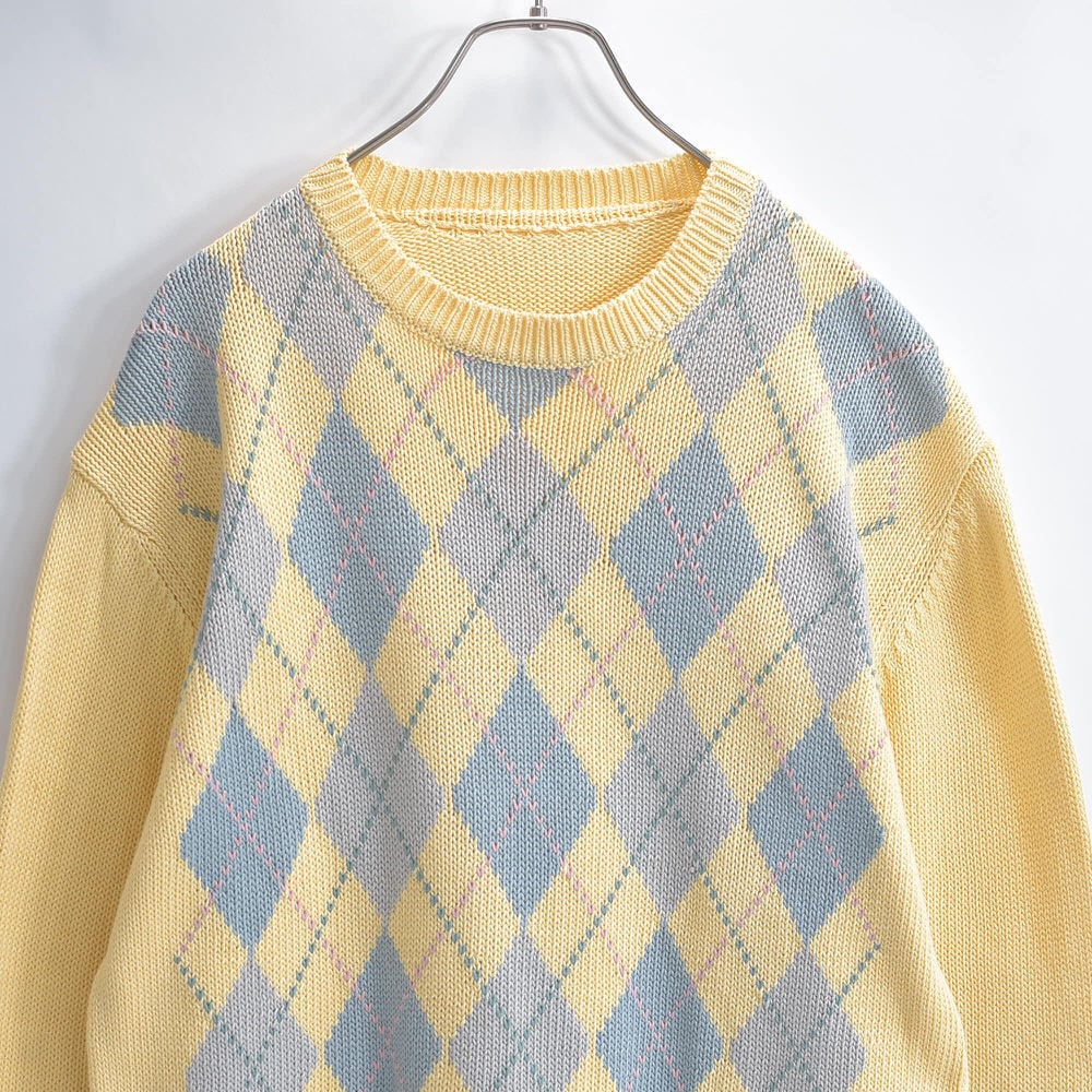 Used アーガイルチェック コットン クルーネック ニット セーター プルオーバー ペールイエロー ヴィンテージ ビンテージ 古着 メンズL相当