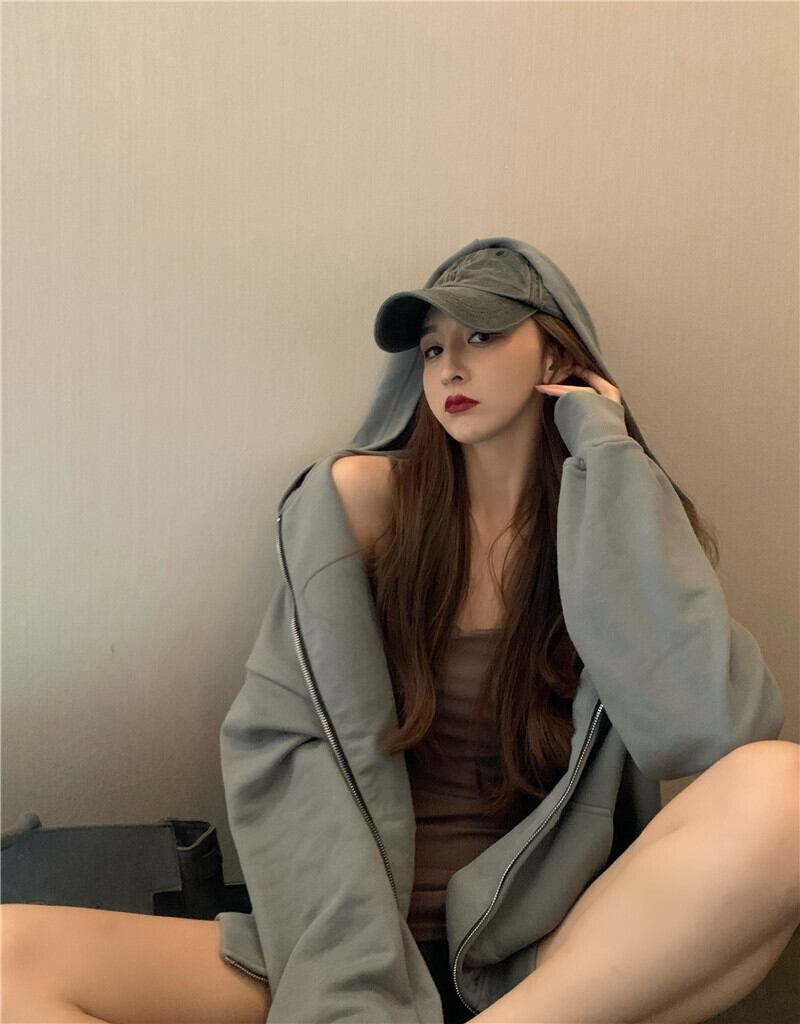 ジッパーフード付きセーターレディース2020年秋冬新作ルーズスタイルレイジーBFコートグレー長袖トップス ブラックストロベリース10941687605