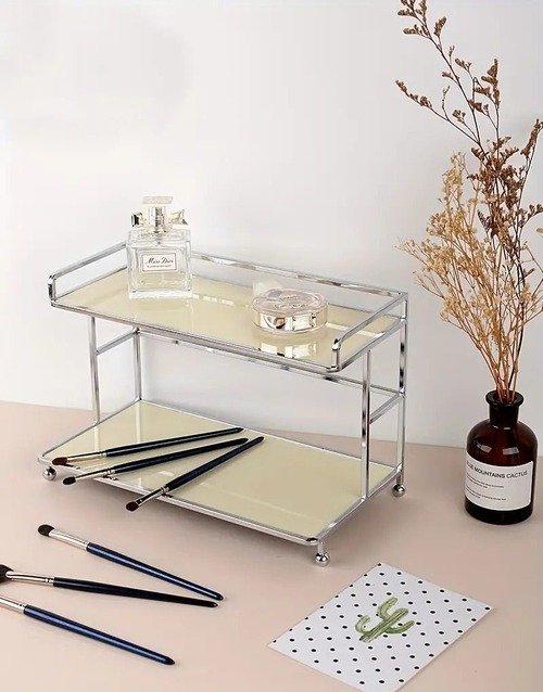 ラック エレガント ブラック アクリル バニティオーガナイザー ノルディック カウンタートップ ディスプレイシェルフ 化粧品 香水 スキンケア コンパクト バスルーム収納 ラック ウォーターボトルホルダー付き おしゃれ シンプル 北欧 シンプル 2段