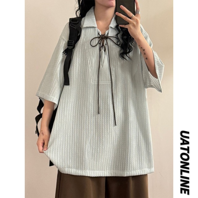 【UATONLINEシリーズ】★POLOシャツ★ トップス ユニセックス 半袖 紐付き カジュアル 涼しい 水色 夏服