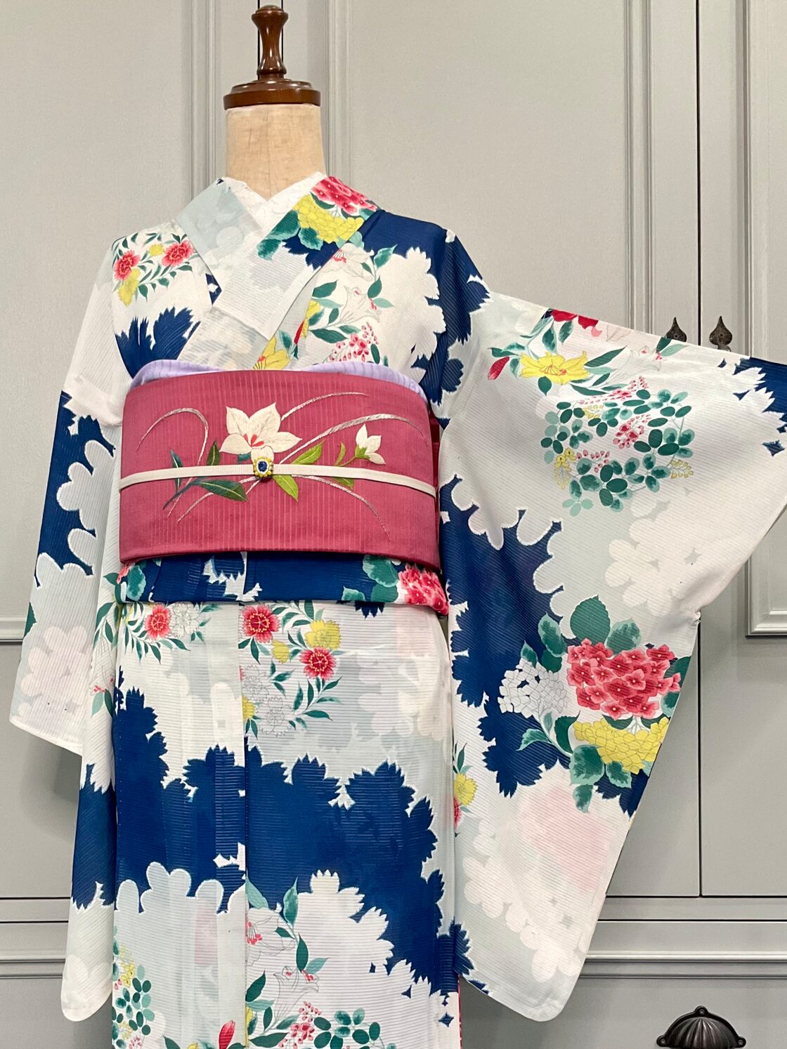 入道雲と木陰の花＊夏着物 絽＊紫陽花 百合 撫子 萩 影 アンティーク 