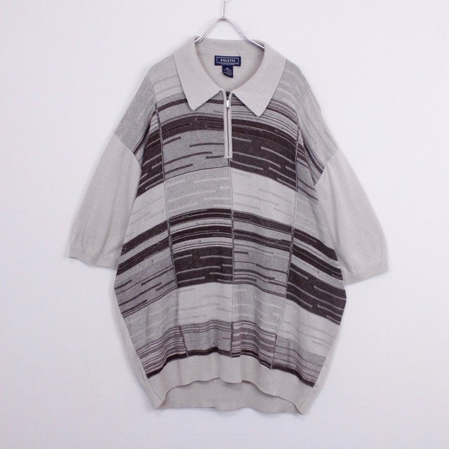 【Caka act2】Geometric Pattern Loose S/S Half Zip Pullover