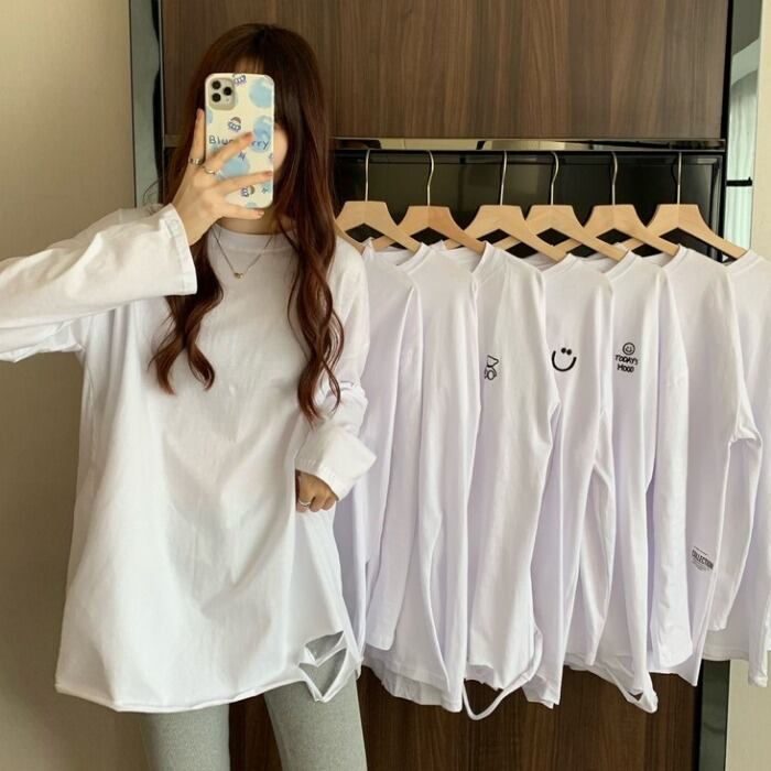ルーズ薄手Tシャツ シャツ スプリングオータムホワイト ロング 春物 秋物 1号婦人77405554446