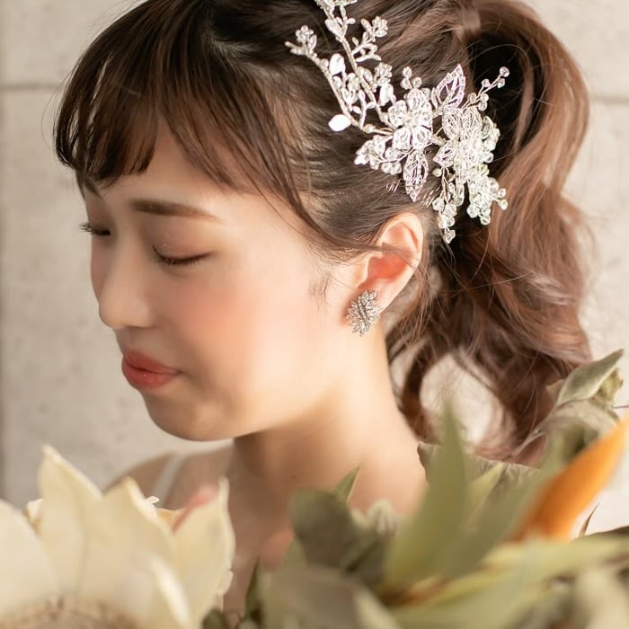 H-005 ウェディング アクセサリー【華やか シルバー リーフ ビジュー
