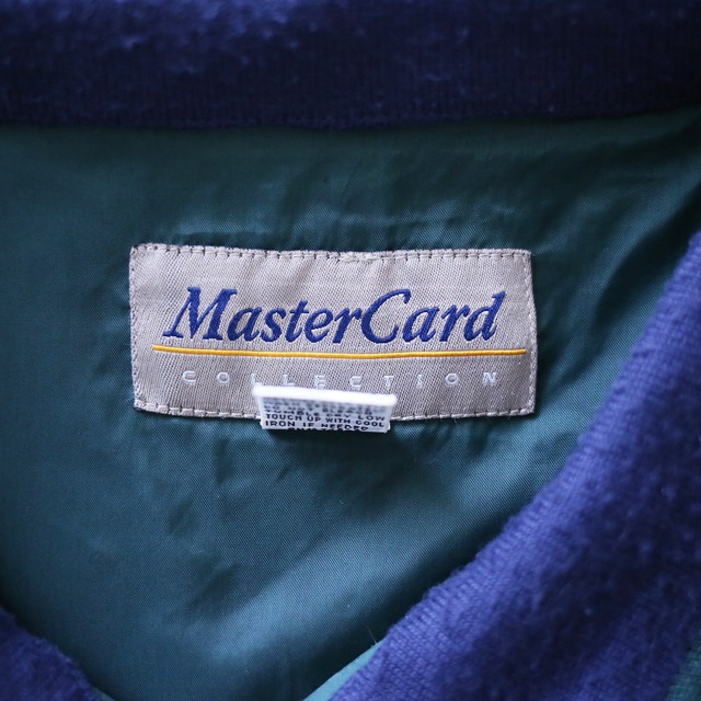 "Master Card" green × navy bi-color switching half-zip pullover