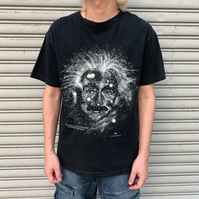 90s アインシュタイン 偉人Tシャツ M 黒 蓄光 宇宙 アート フォト