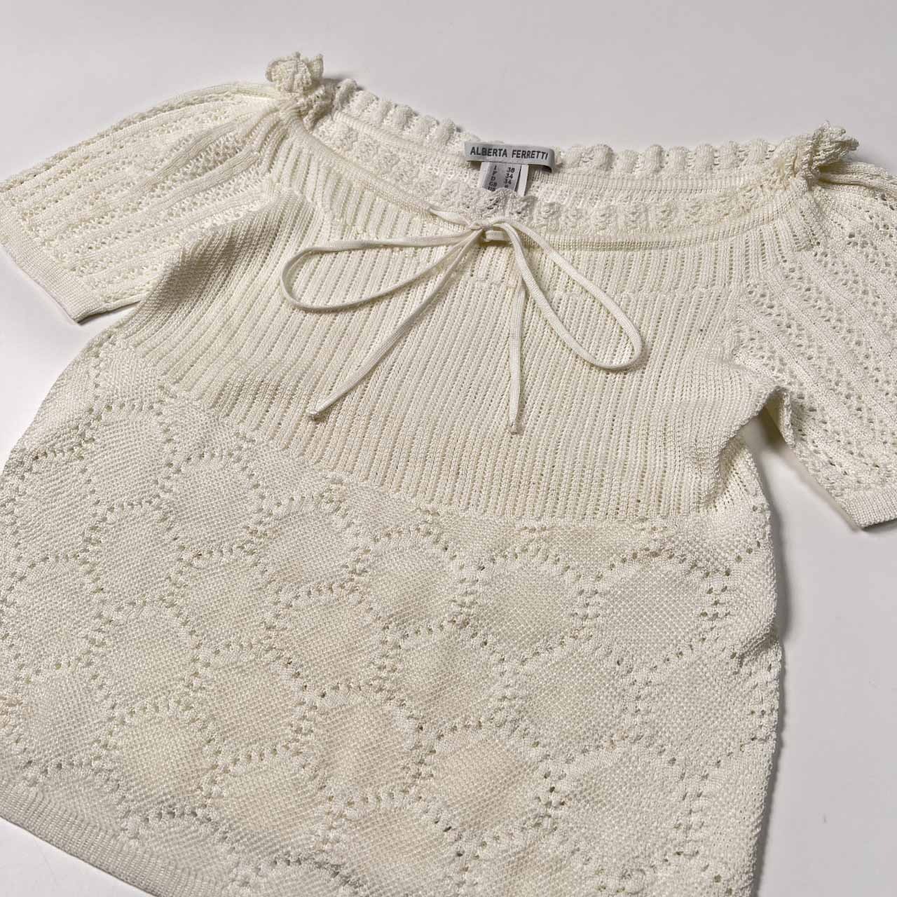 イタリア製 ALBERTA FERRETTI アルベルタフェレッティ 編み込み 半袖 コットンニット セーター サイズ 38 /ホワイト/ウールン商会