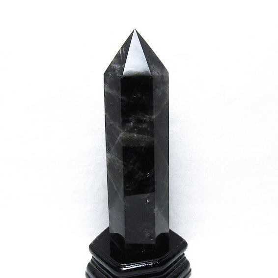 モリオン 六角柱 黒水晶 ポイント 置物 一点物 台座付属 152-4311