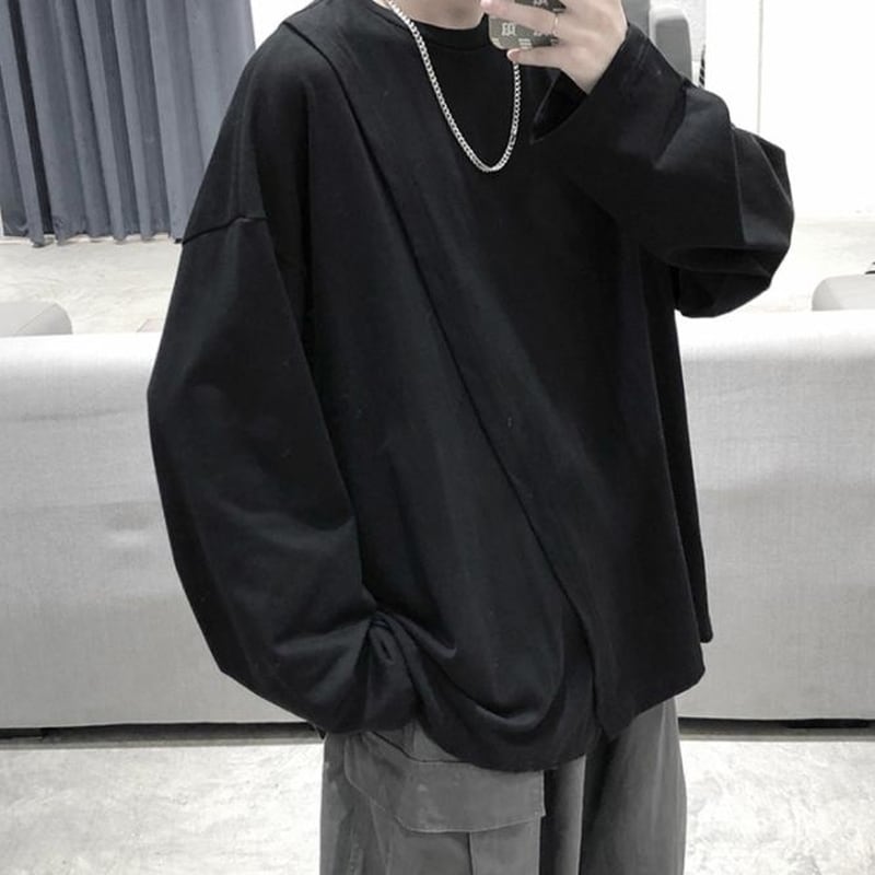 サブカル 服 地雷系 通販 春服 メンズ Tシャツ 長袖 サイドスリット シンプル カジュアル ゴシック ロリータ