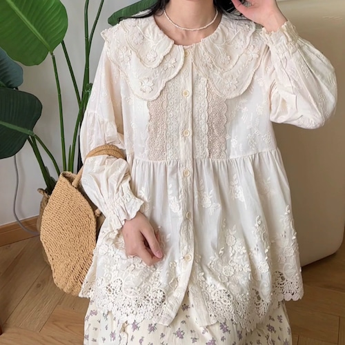 Wレースカラー刺繍ブラウス ・12592