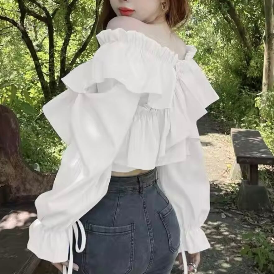 フリルギャザーオフショルクロップドブラウス