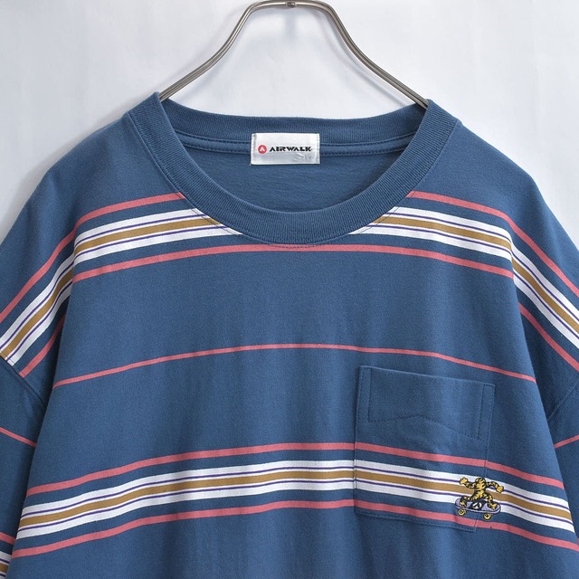 00s AIRWALK ワンポイント刺繍 胸ポケット付き マルチボーダー Tシャツ 半袖 ヴィンテージ ネイビー ピンク ポケT スケートボード ビンテージ 古着 メンズ XL相当