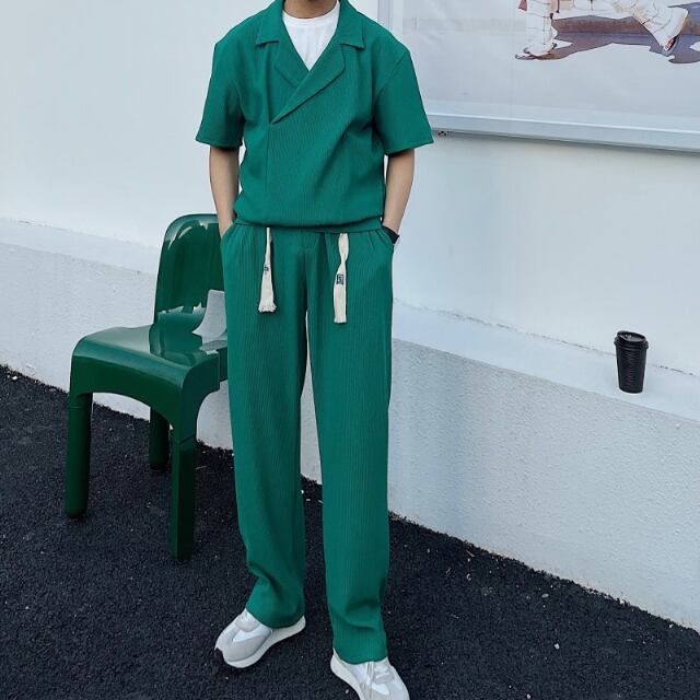 【予約販売】メンズ セットアップ 上下 パンツ 半袖 無地 ブラック/ホワイト/グリーン スエット カジュアル モード シンプル 韓国 お洒落 トレンド 春夏 M/L/XL/2XL