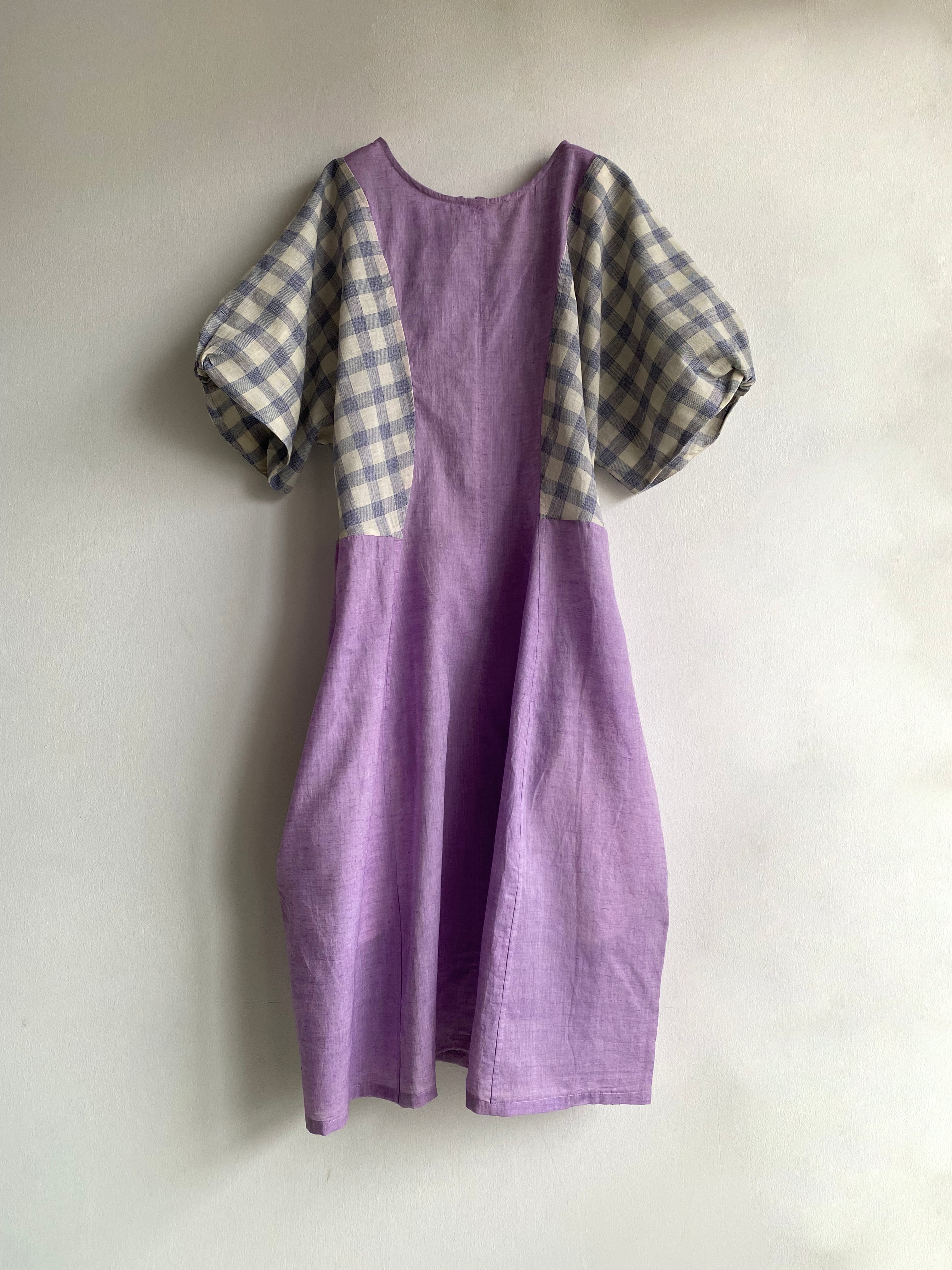 Short sleeve deformation dress "light purple & light purple check" khadi cotton