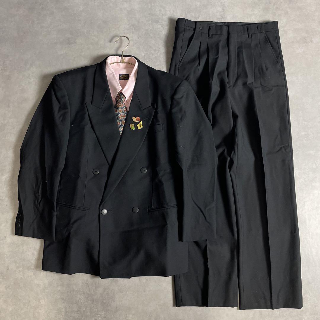 90s ヴィンテージ スーツ ダブル セットアップ 成人式vol.119黒ピンク