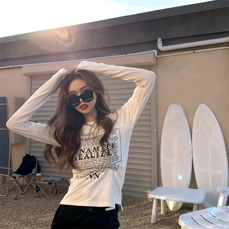 Tシャツ シャツ スプリングサマープリントスリムラウンドネックトップス ロング 春物 夏物 Oネック ブラックストロベリース80125163609