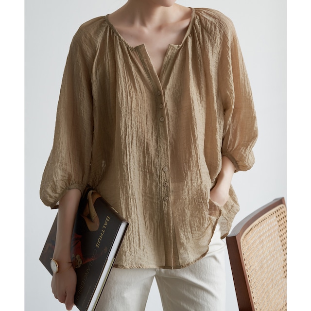 puff sleeve gather sheer shirts N20153